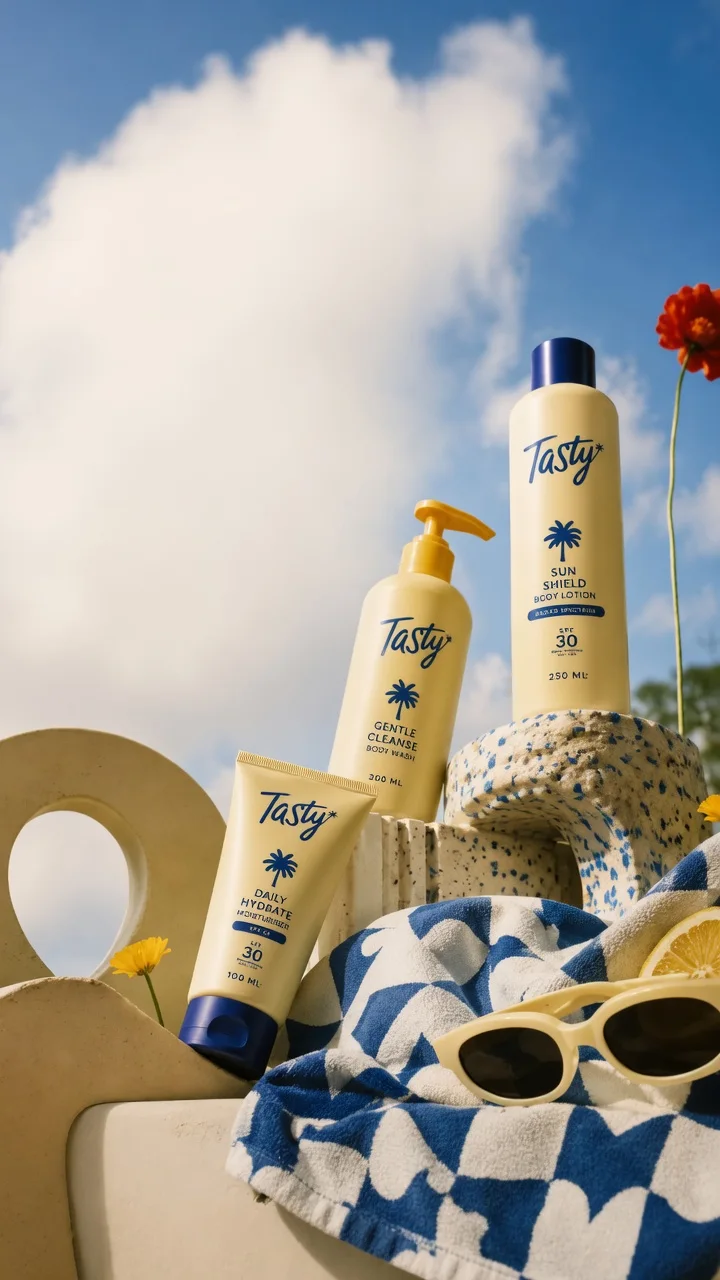Tasty sun-care bottles on a sunlit table